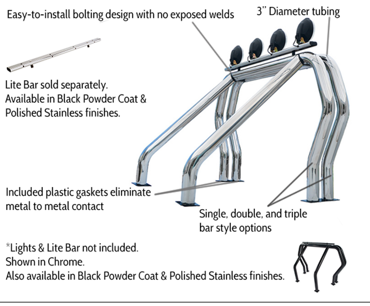 Go Rhino 90002PS Universal Rear main B bar, RHINO Bed Bar, Roll Bar, Polished Stainless Steel, Mounting Kit Included