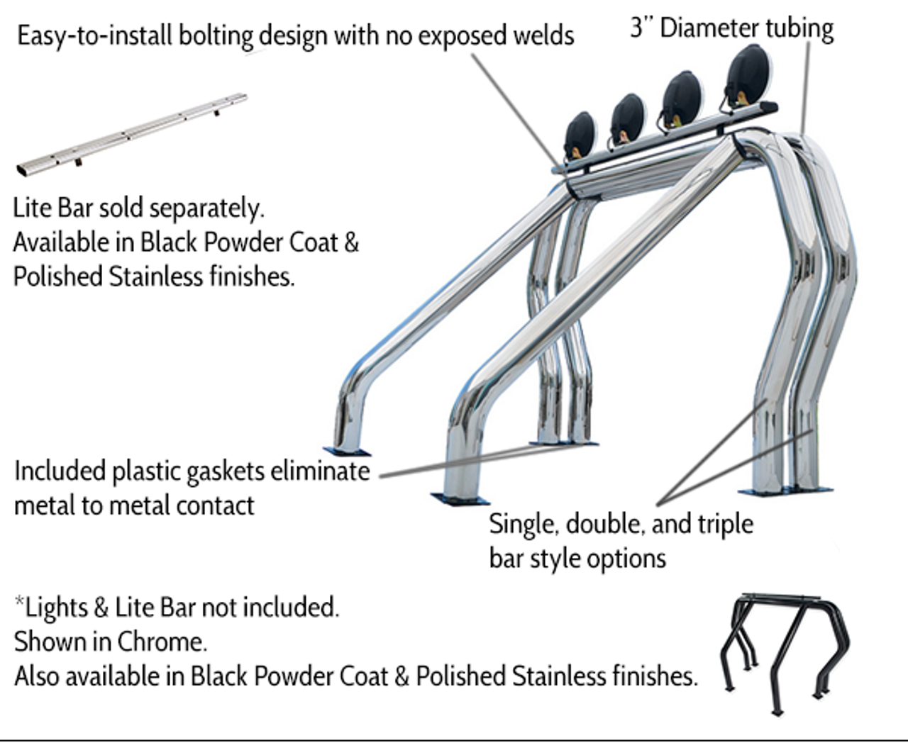 Go Rhino 9009560TDB Bed Bars Complete Kit - Triple Bar/Double Kicker (Between wheel wells) - Black