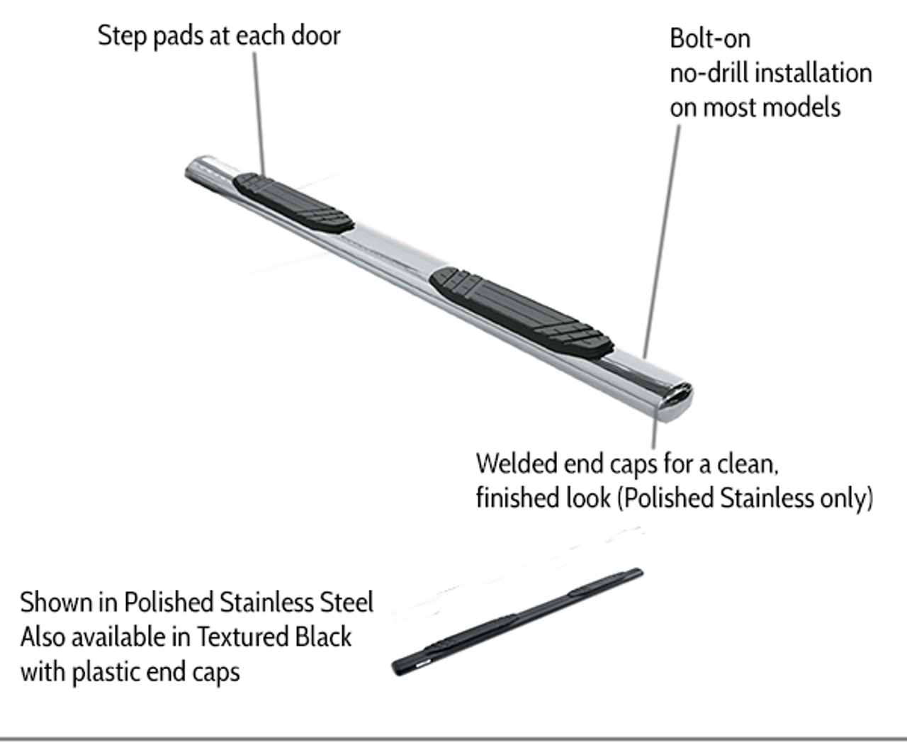 Go Rhino 684411075PS Dodge, Journey, 2009 - 2019, 4 inch OE Xtreme - Complete Kit: Sidesteps + Brackets, Stainless steel, Polished, 640075PS side bars + 6841105 OE Xtreme Brackets. 4 inch wide x 75 inch long side bars. Welded end caps