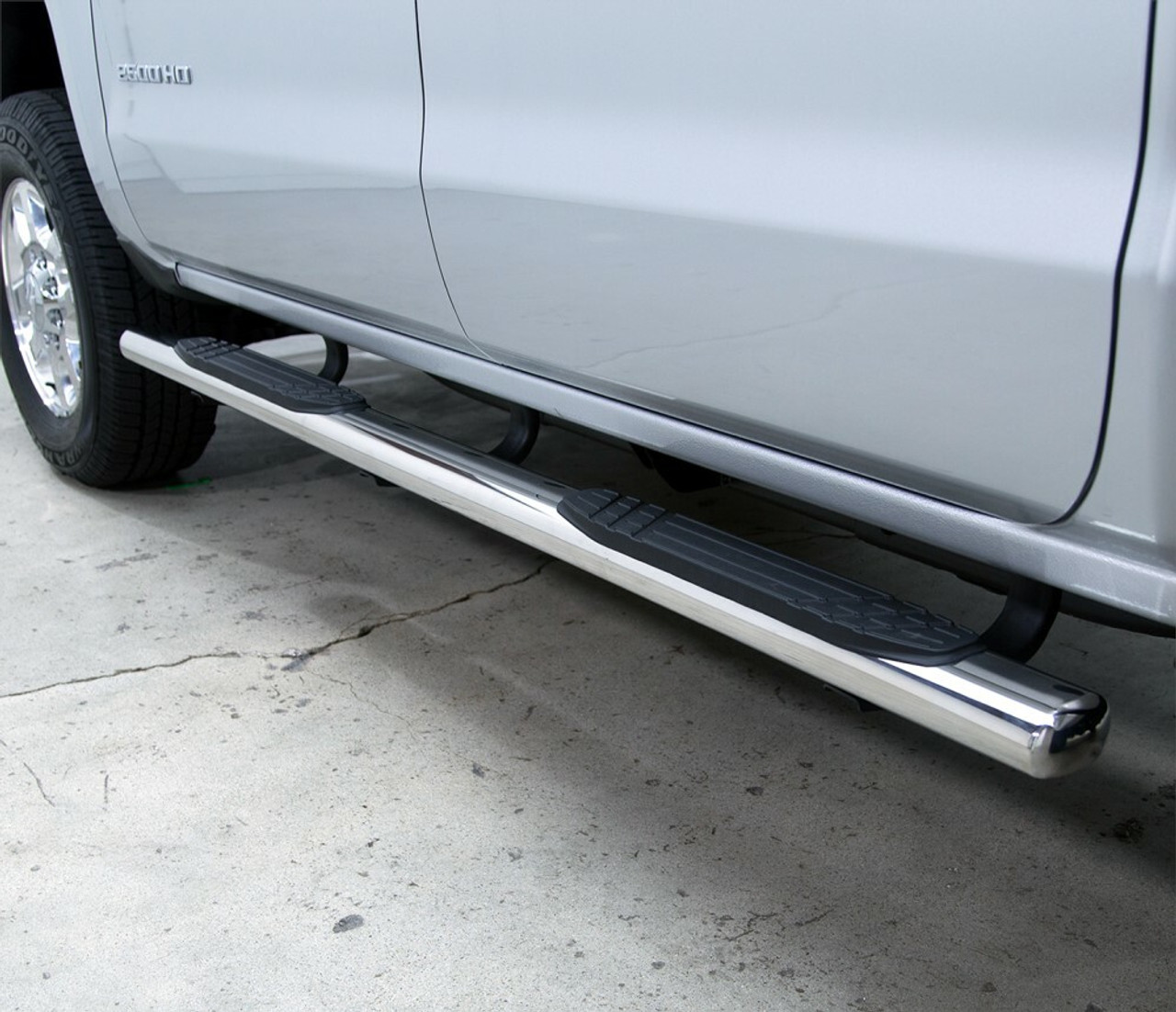 Go Rhino 684404680PS Chevrolet, Silverado 2500HD, 3500HD, 2015 - 2019, 4 inch OE Xtreme - Kit: Stainless steel, Polished, 640080PS side bars + 6840465 OE Xtreme Brackets. 4 inch wide x 80 inch long side bars. Welded end caps.  Gasoline only