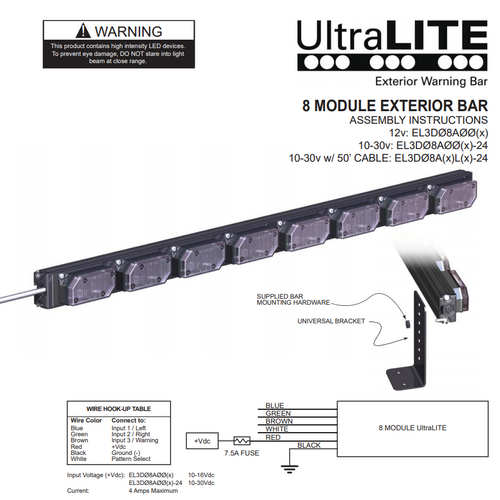 SoundOff Signal UltraLITE Plus 8 Module Exterior Warning LED light stick, Amber with Single Warning Ends (Blue, Red, or Red/Blue) flash with the amber, includes L-brackets and 14 ft cord,  EL3PD08A10*