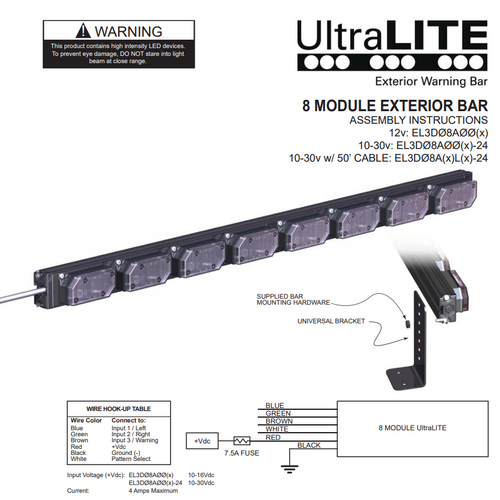 SoundOff EL3PD08A00* UltraLITE Plus 8 Module Exterior Warning LED light stick, includes L-brackets and 14 ft cord