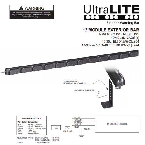 SoundOff EL3PD12A00* UltraLITE Plus 12 Module Exterior Warning LED light stick, includes L-brackets and 14 ft cord