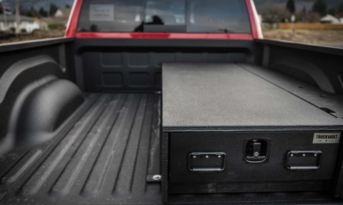 TruckVault Half-Width Universal Pickup Truck All-Weather Series Storage System Drawer, Choose 6-10 inches Height, Includes Folding T-Handle Compression Keyed Lock, Dividers (2 Short & 2 Long), LINE-X Sprayed Coating, Weatherproof