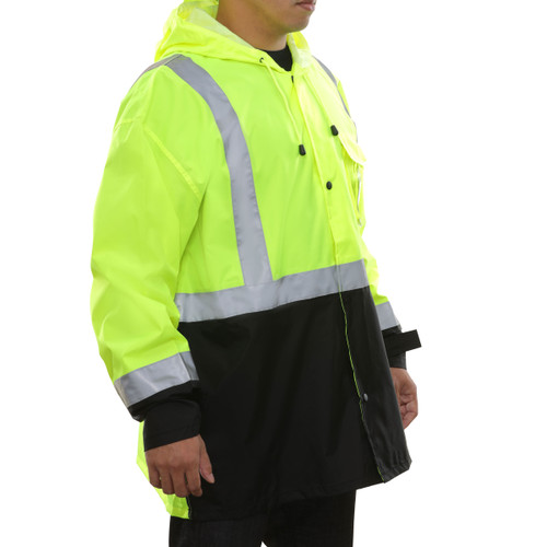 Reflective Apparel 403ETLB Safety Rain Hi Vis Jacket with Hood, Uniform, Waterproof, Reflective, 1 Chest Pocket, 100% Polyester, 100% Nylon, Lime Green/Black