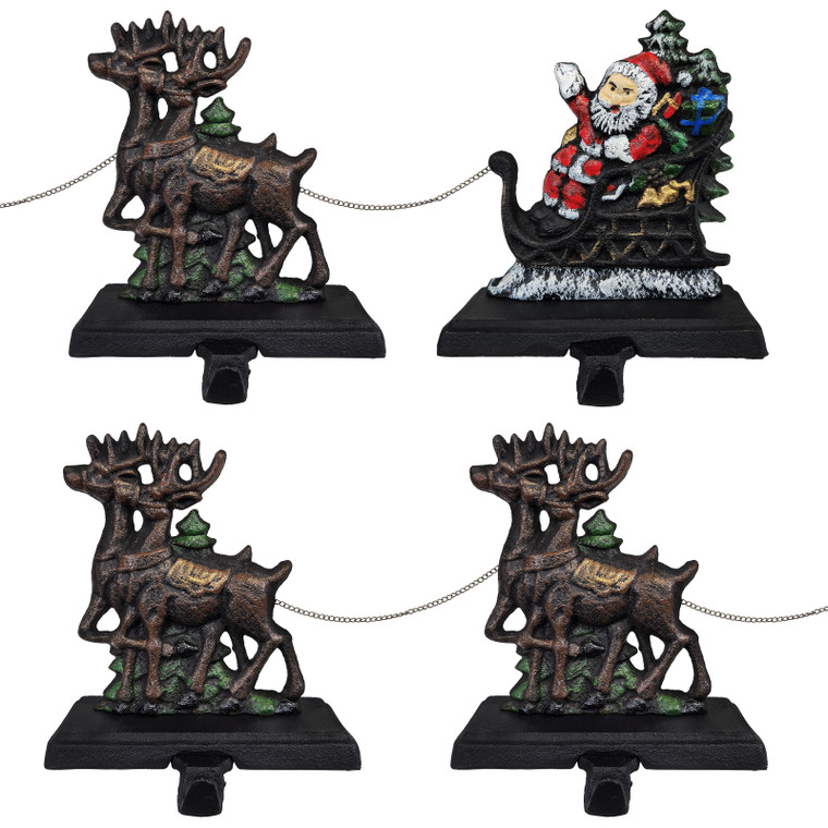 Cast Iron Santa Claus & 3 Reindeer Stocking Holders, Solid, Beautiful, Available in Holiday Colors, Measures 7.75"x5.5", Set of 4, Perfect for holiday/Christmas gifts (4 Hooks)
