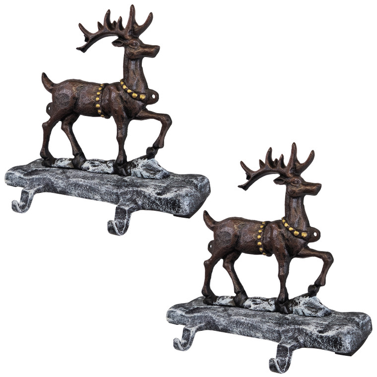 Cast Iron Christmas Stocking Holders with 4 Hooks, 2 Deer, Strong Heavy Hooks (2+2 Hooks)