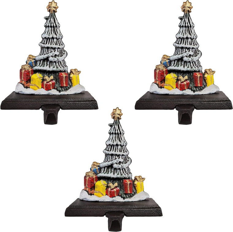 Cast Iron Decorative Christmas Tree Stocking Holders, Set of 3 Trees on bark Style cast Iron Base, Solid and Beautiful, Each 7.5" H, Perfect for (3 Trees with Presents)