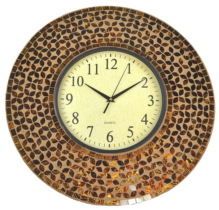 19" Amber Flower Mosaic Wall Clock Coffee Cement,  Brown Glass Dial 9.5"