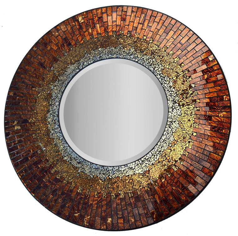 Decorative Handmade Baltic Amber Mosaic Wall Mirror, Diameter 23.5", Mirror 11.5"