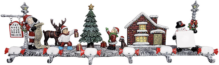 Cast Iron 3D Christmas Village with Santa Stocking Holder  (6 Hooks)