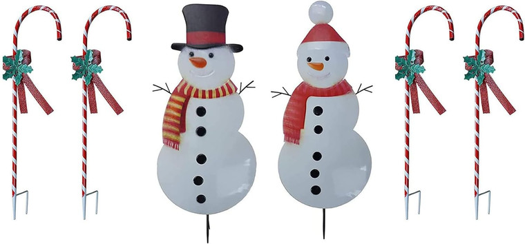 Christmas Yard Decoration 2 Metal Snowman Stakes with 4 Candy Canes Metal Stakes