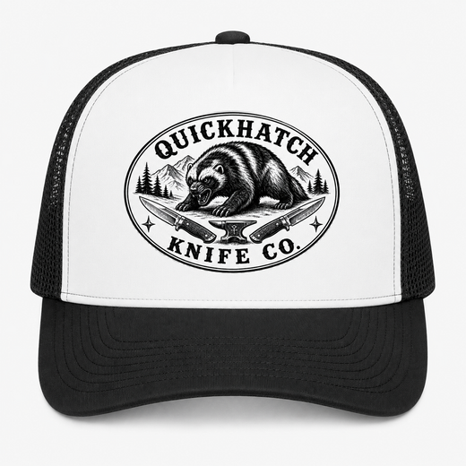 White and black QuickHatch trucker hat with logo patch