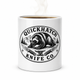 White QuickHatch ceramic coffee mug with vintage badge graphic
