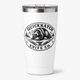 White QuickHatch insulated tumbler with vintage badge graphic