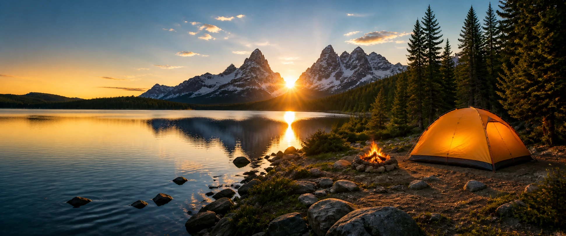 Mountain lake campsite at sunset for QuickHatch handmade knives