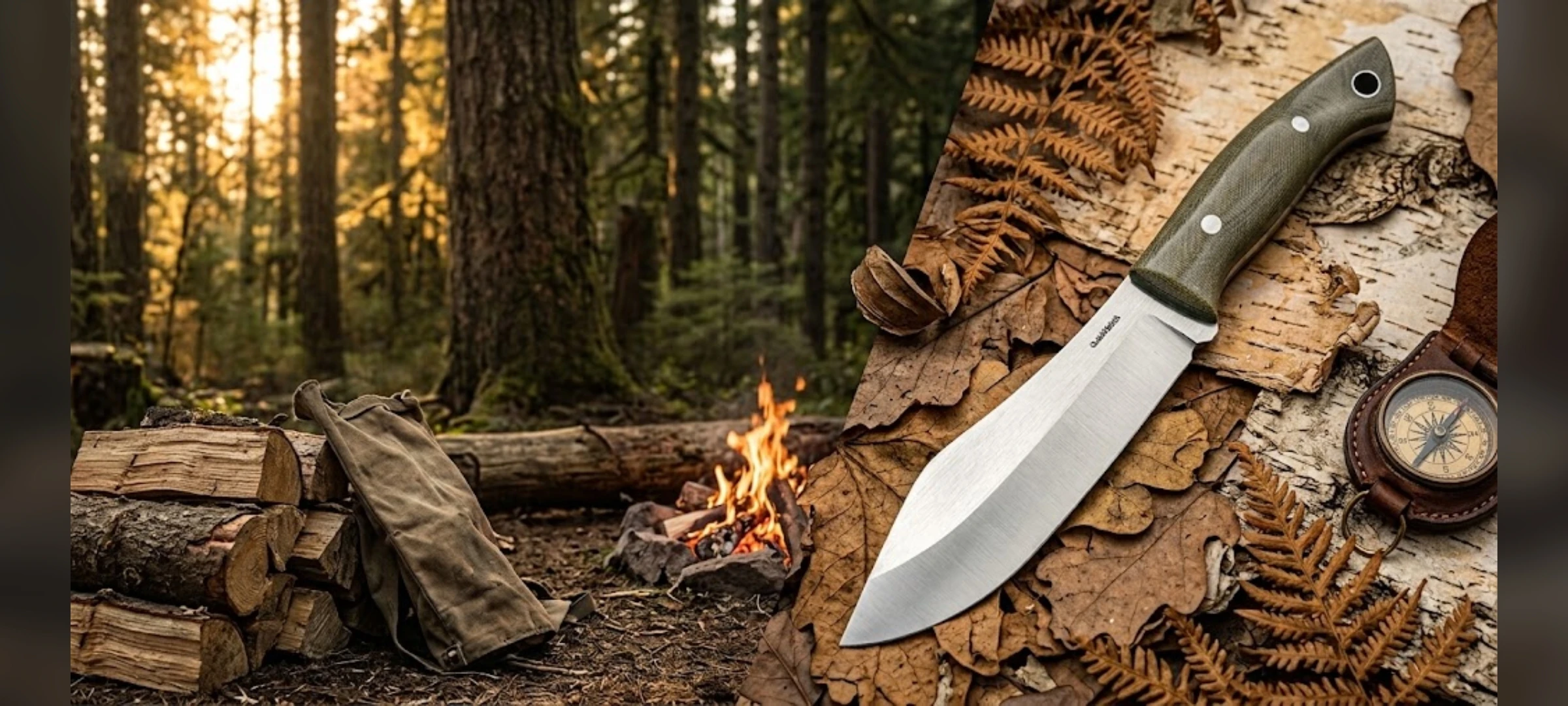 Mountain lake campsite at sunset for QuickHatch handmade knives