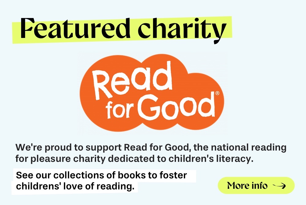 Banner with copy highlighting Read for Good as the featured charity of the month. Black text on light blue background and the orange Read for Good logo