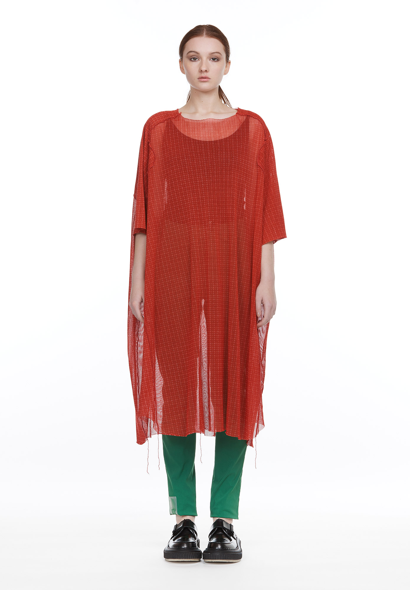 STUDIO RUNDHOLZ - MAINLINE - SUBTLE CHECK MESH OVERSIZED T-SHIRT - FRAISE PRINT