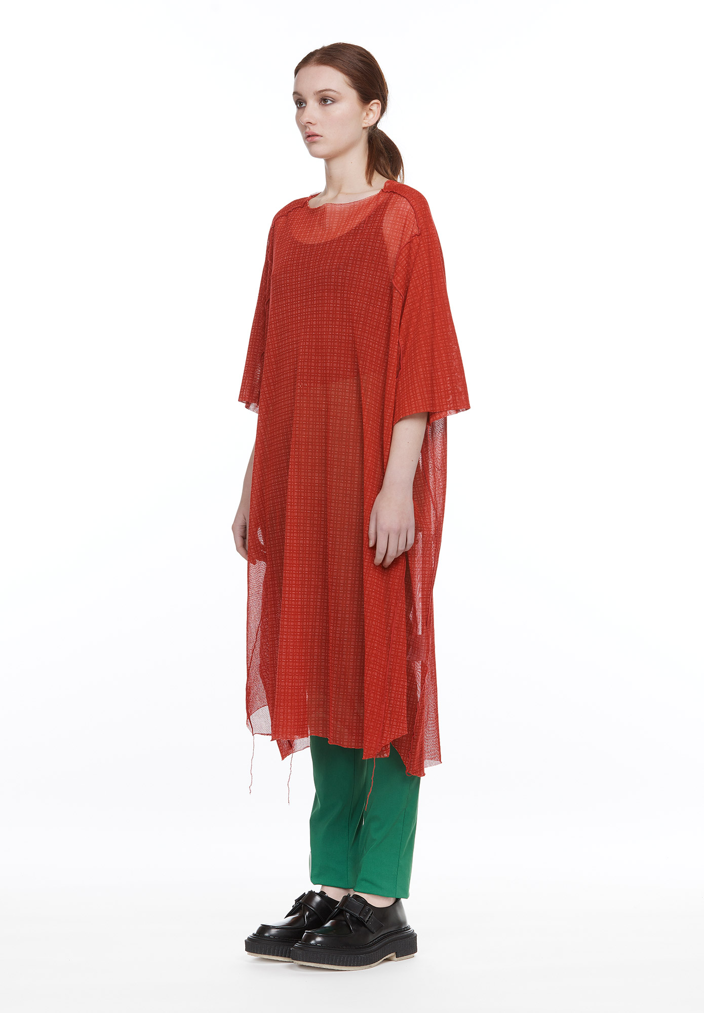 STUDIO RUNDHOLZ - MAINLINE - SUBTLE CHECK MESH OVERSIZED T-SHIRT - FRAISE PRINT