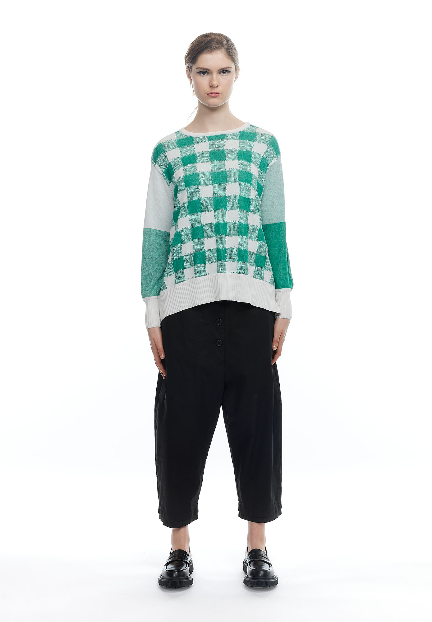 MM SÖHN - CRISS CROSS REVERSIBLE JUMPER - NATURAL / EMERALD