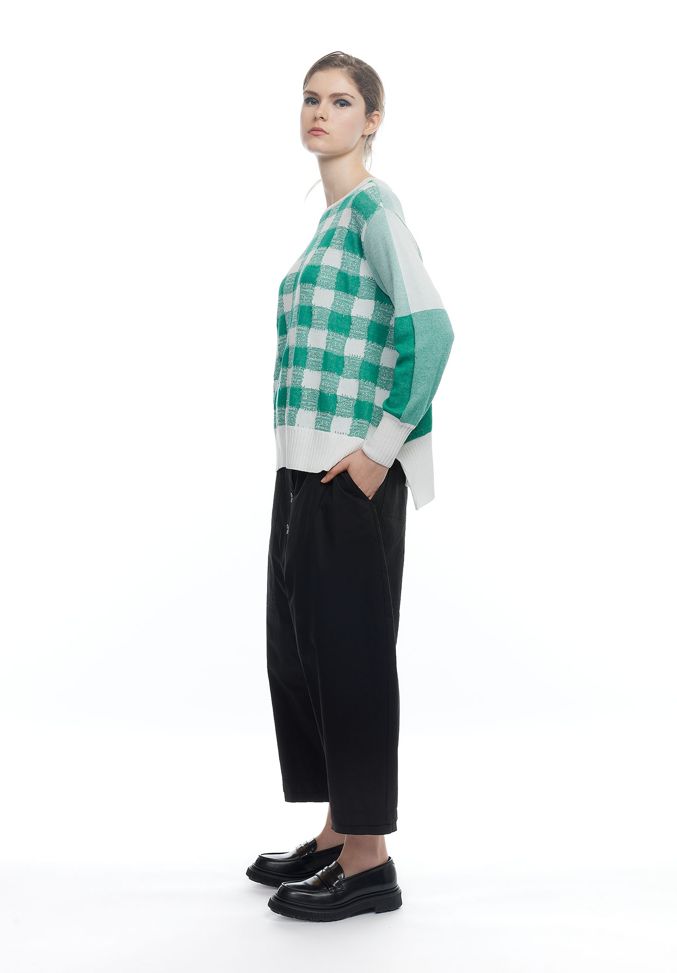 MM SÖHN - CRISS CROSS REVERSIBLE JUMPER - NATURAL / EMERALD