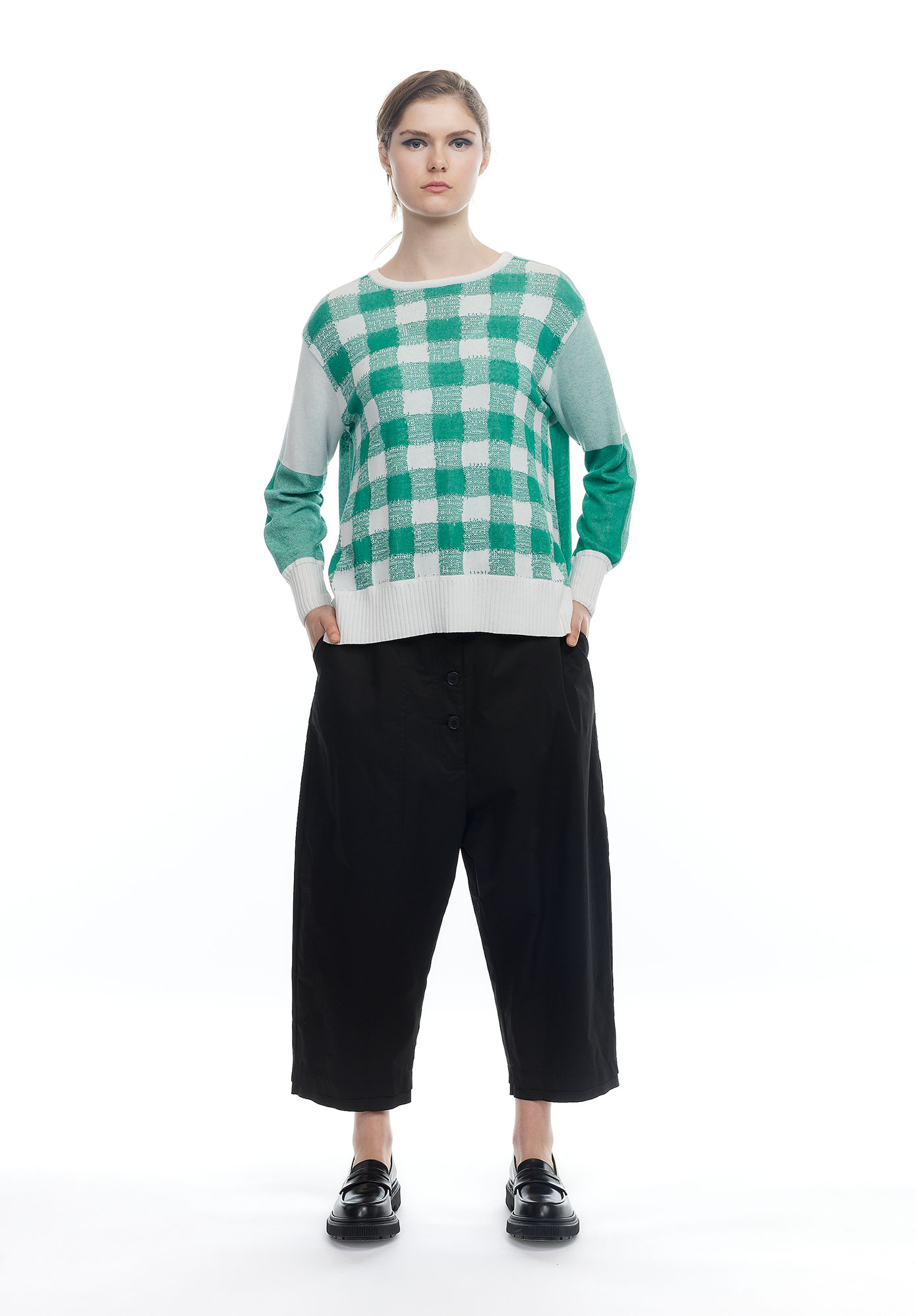 MM SÖHN - CRISS CROSS REVERSIBLE JUMPER - NATURAL / EMERALD