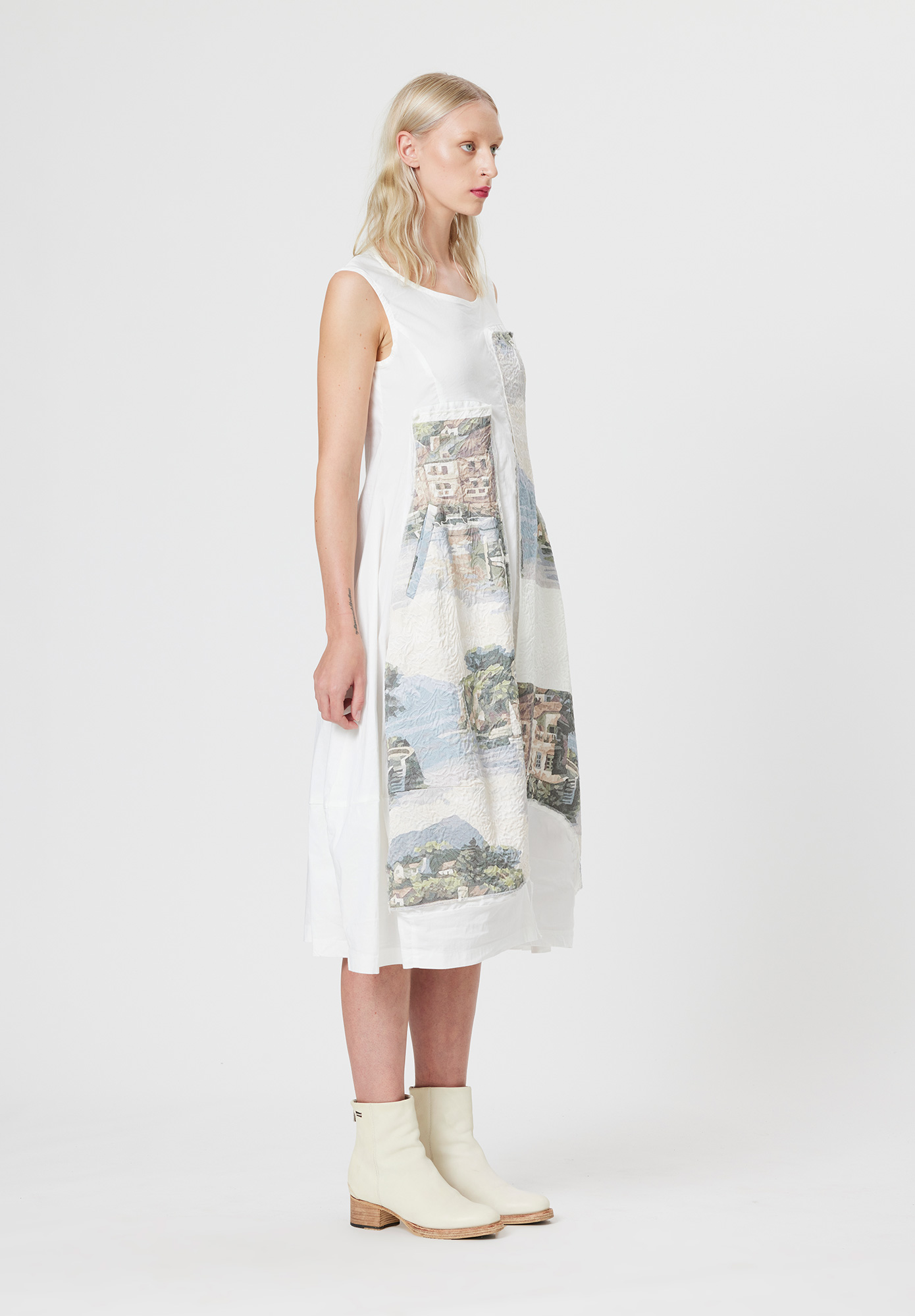 PANELLED JAQUARD DRESS - WHITE PRINT