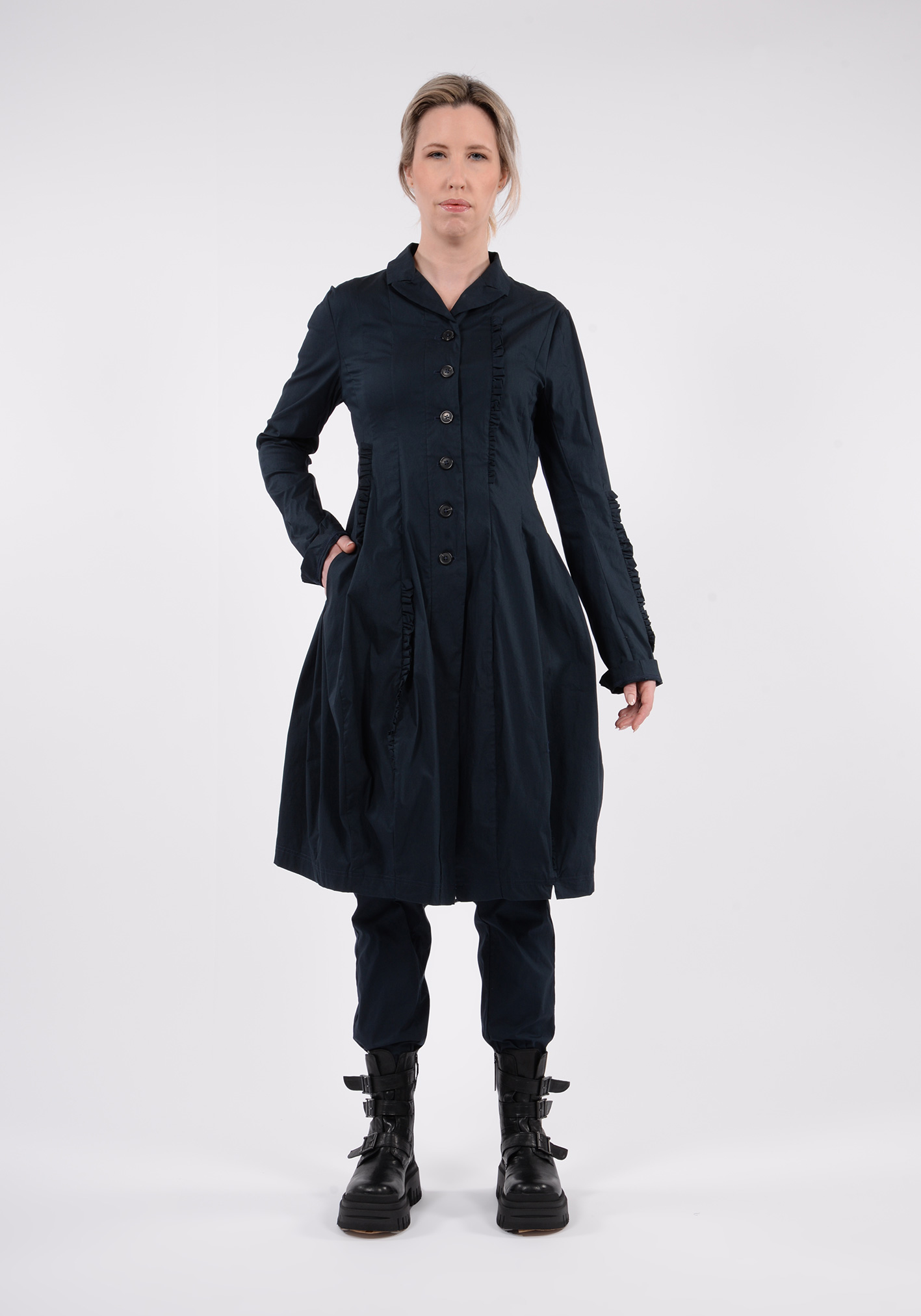 STUDIO RUNDHOLZ BLACK LABEL - LONG LINE COAT WITH RUFFLE INSERTS - INK