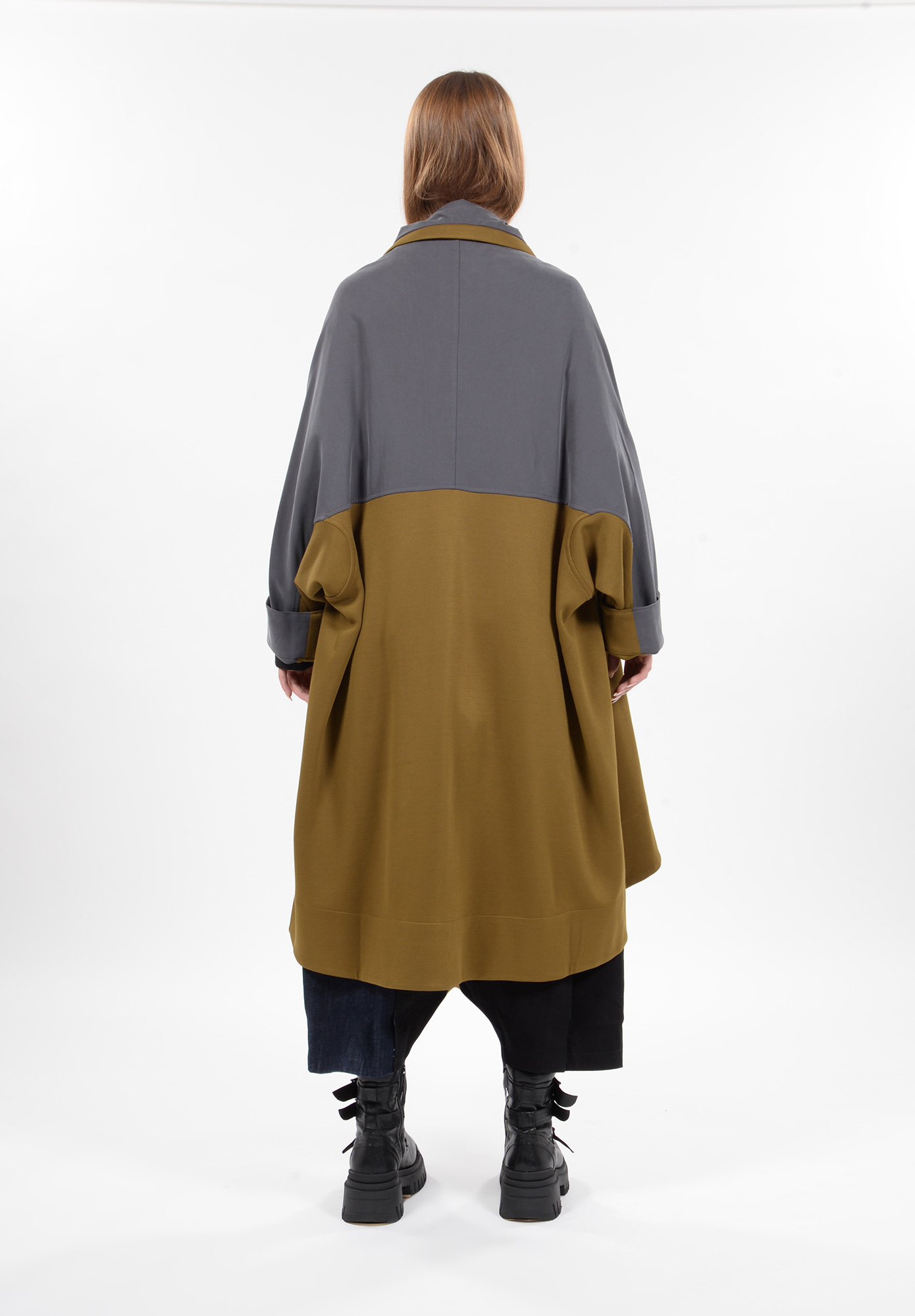MOYURU - OVERSIZED FUNNEL NECK COAT - KHAKI | GREY