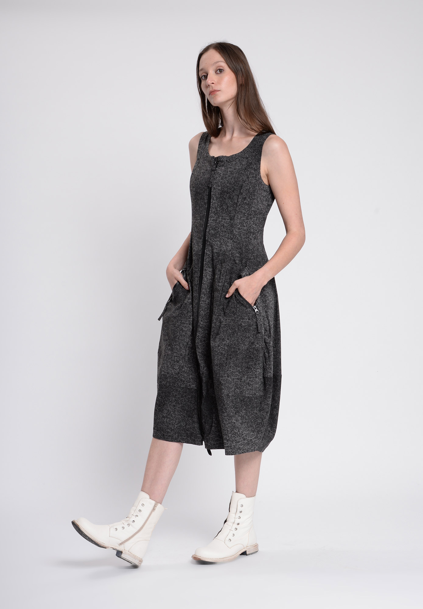 STUDIO RUNDHOLZ - BLACK LABEL - ZIP FRONT TULIP HEM DRESS PRINT - ROCK PRINT