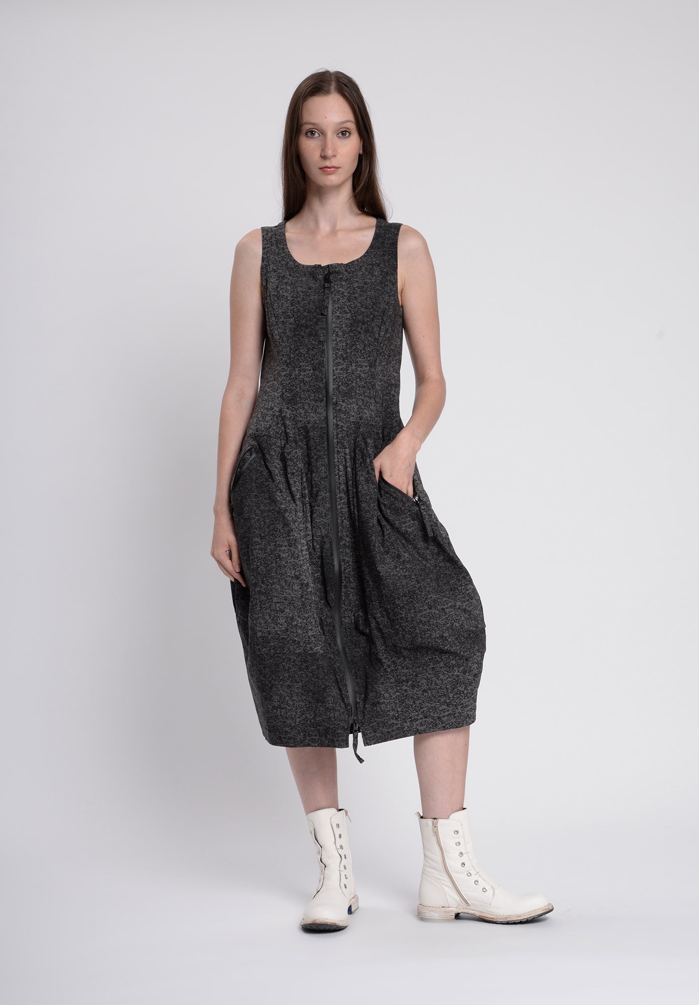 STUDIO RUNDHOLZ - BLACK LABEL - ZIP FRONT TULIP HEM DRESS PRINT - ROCK PRINT