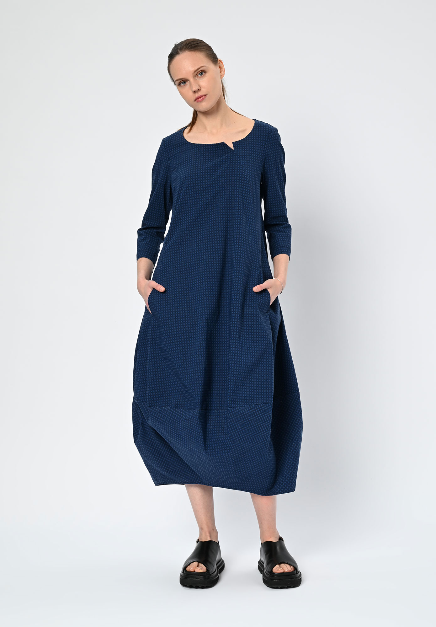 STUDIO RUNDHOLZ | BLACK LABEL - TULIP HEM DRESS PRINT SHORT SLEEVE - NAVY CHECK