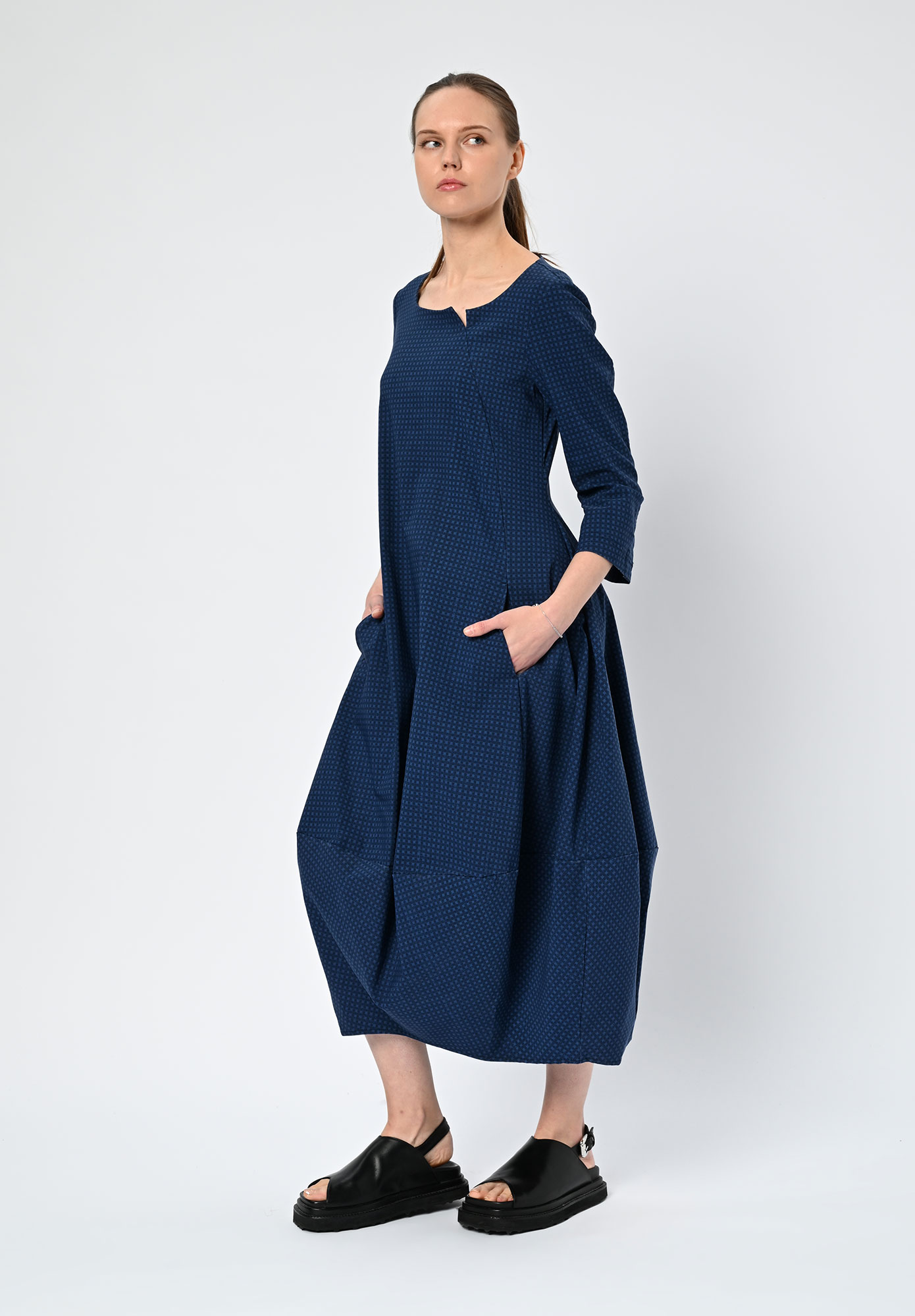STUDIO RUNDHOLZ | BLACK LABEL - TULIP HEM DRESS PRINT SHORT SLEEVE - NAVY CHECK