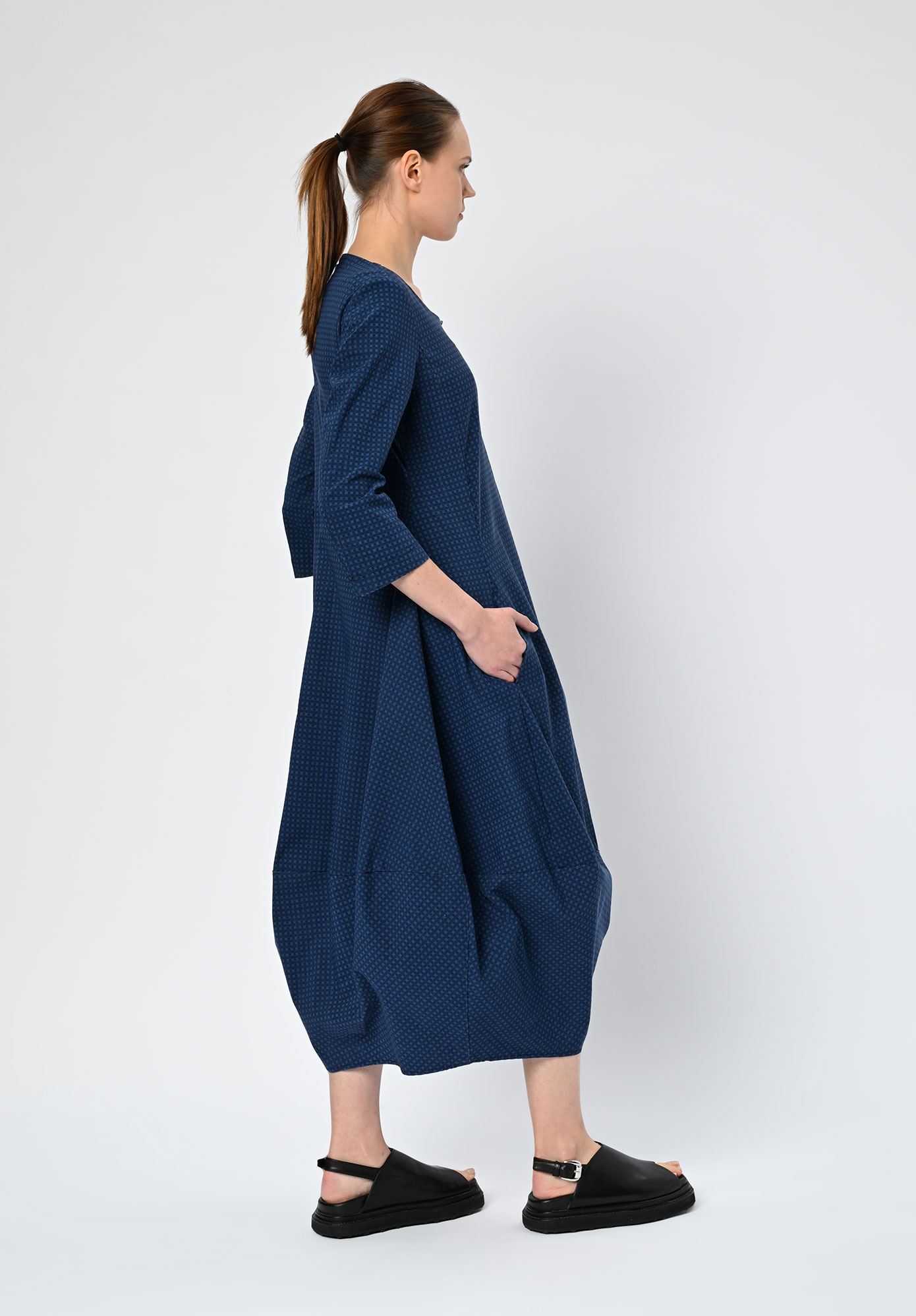 STUDIO RUNDHOLZ | BLACK LABEL - TULIP HEM DRESS PRINT SHORT SLEEVE - NAVY CHECK