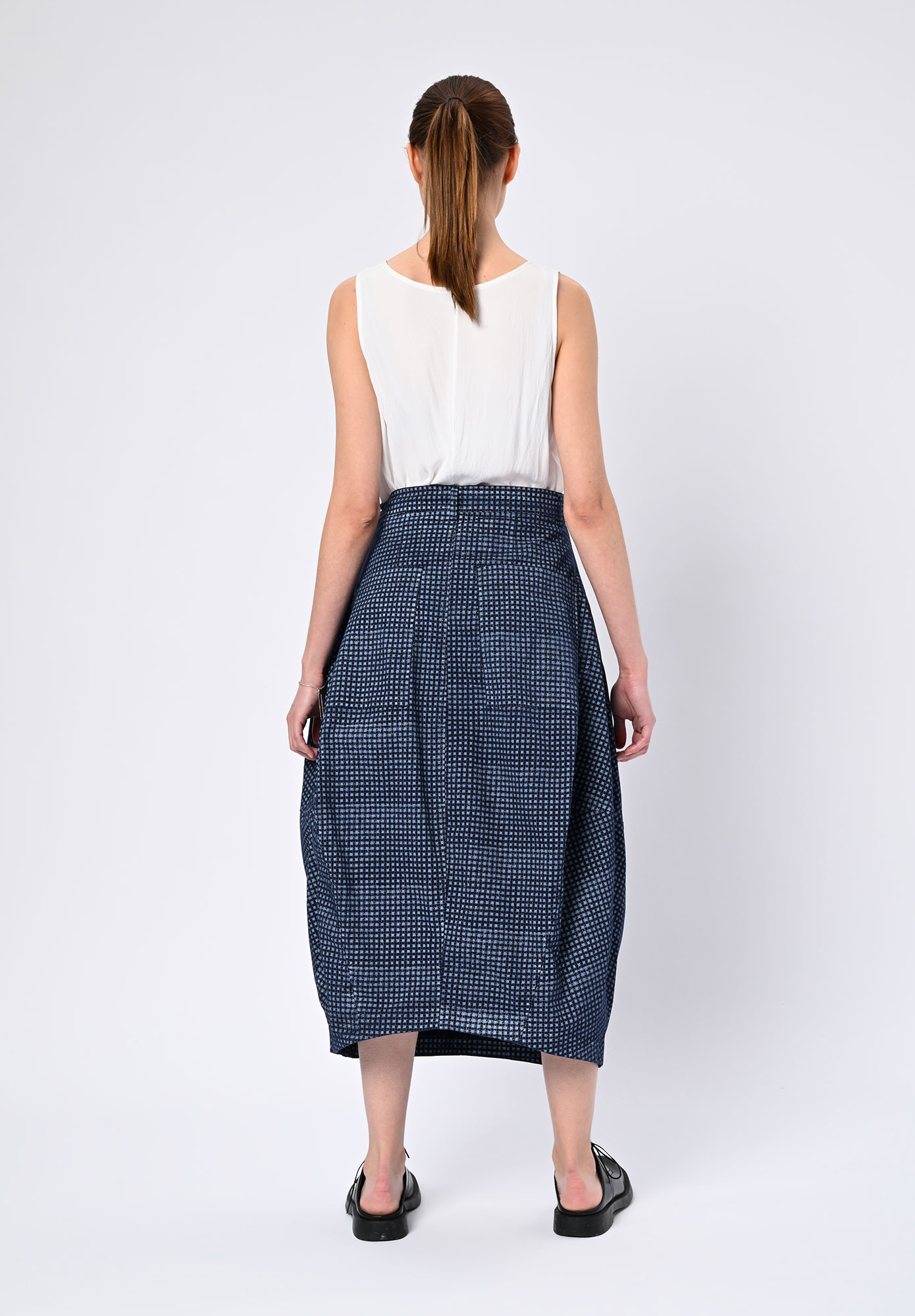 STUDIO RUNDHOLZ | BLACK LABEL - SCULPTURED PANEL TULIP HEM SKIRT - NAVY PRINT
