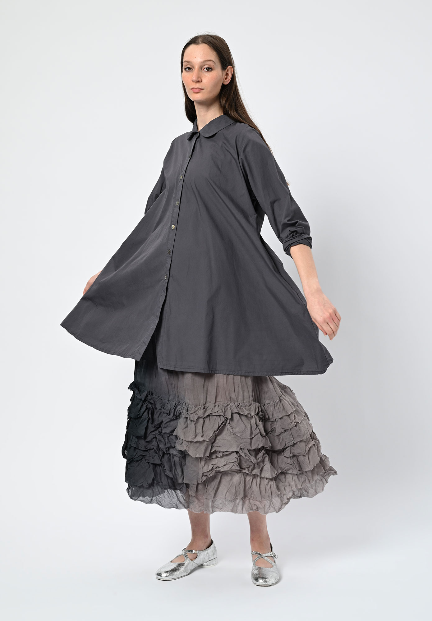 PRIVATSACHEN - SAAGERAT PETER PAN COLLAR TRAPEZE SHIRT - MUSKAT | CHARCOAL