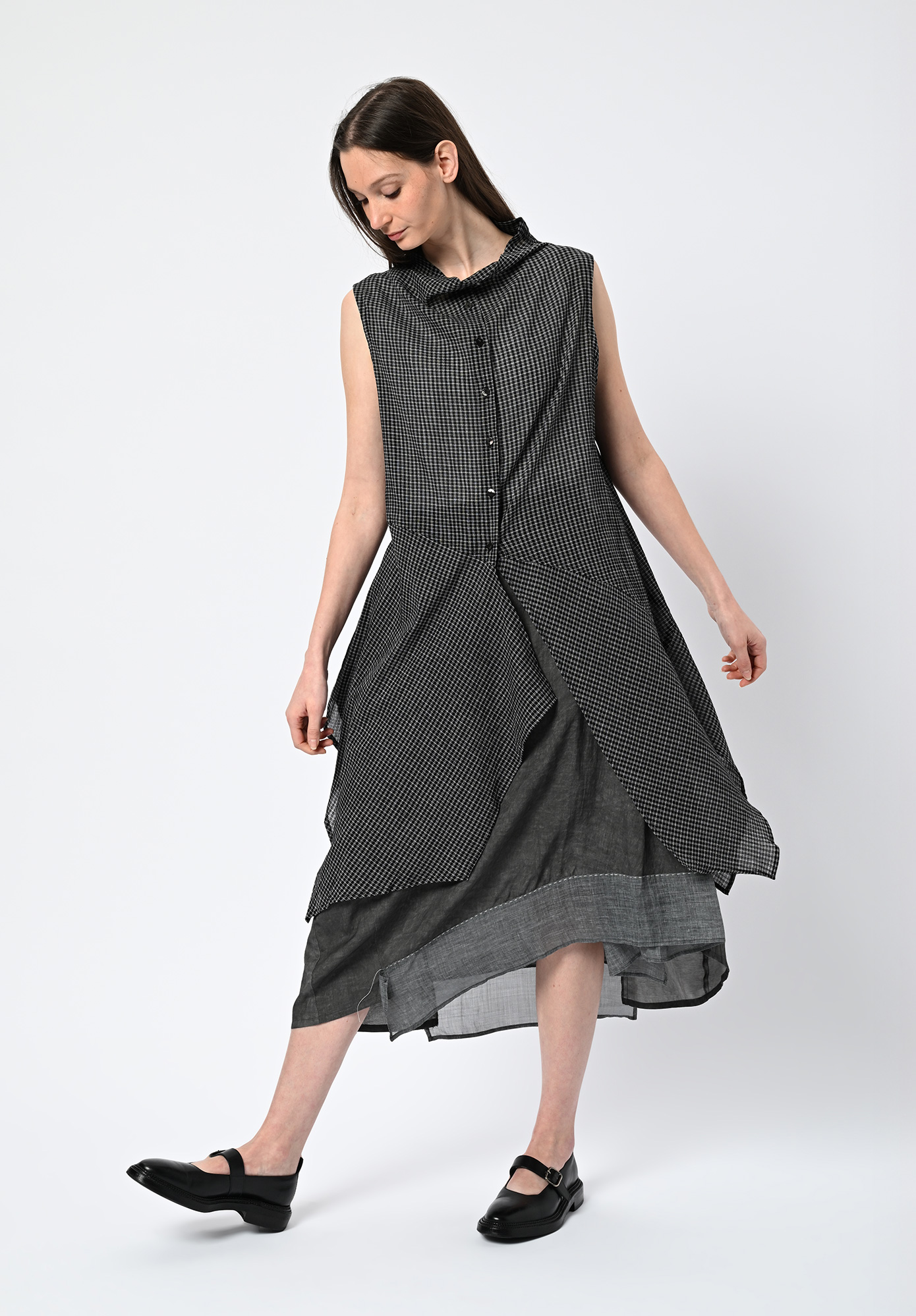 MOYURU - SKYGRID ASYMMETRIC TUNIC SHIRT - BLACK CHECK