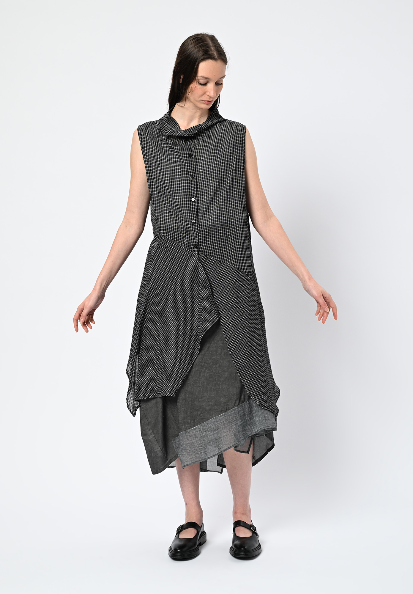 MOYURU - SKYGRID ASYMMETRIC TUNIC SHIRT - BLACK CHECK