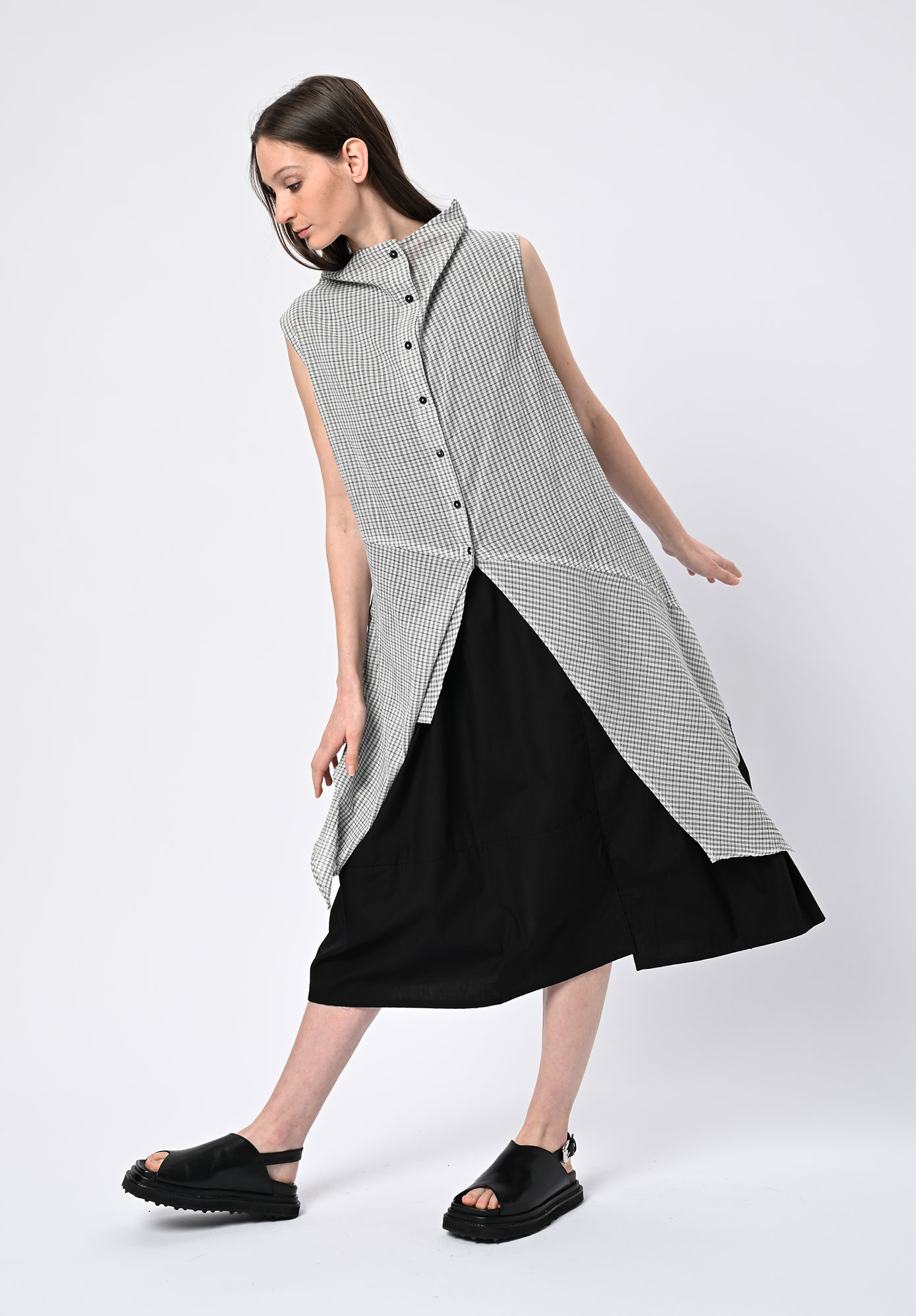 MOYURU - SKYGRID ASYMMETRIC TUNIC SHIRT - WHITE CHECK