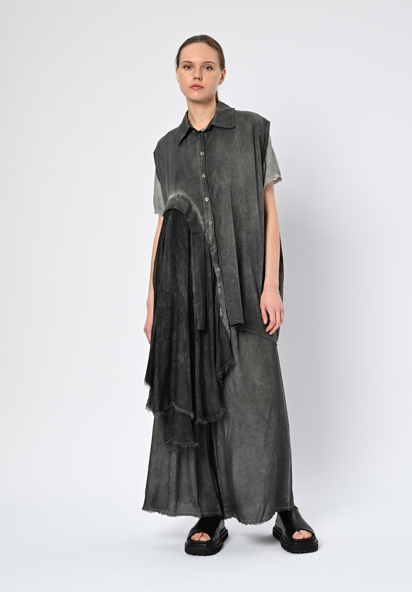 SANCTAMUERTE - SIDE DRAPE SLEEVELESS SHIRT | GILET - ANTHRACITE