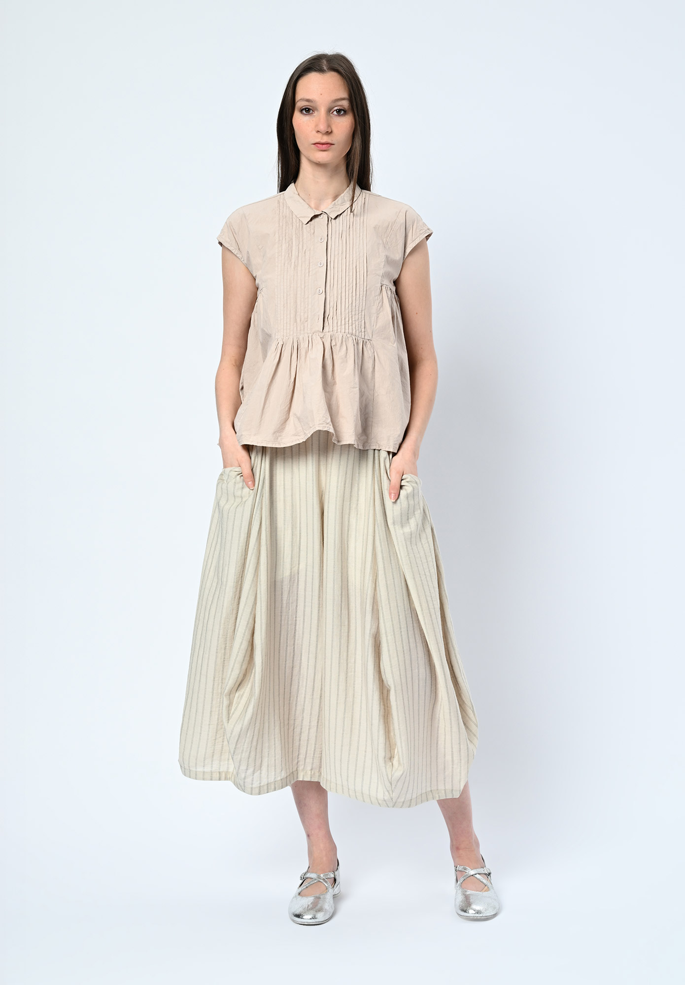 PRIVATSACHEN - JUNGLASER PINTUCK GATHER TRAPEZE TOP - KIESEL | QUARTZ