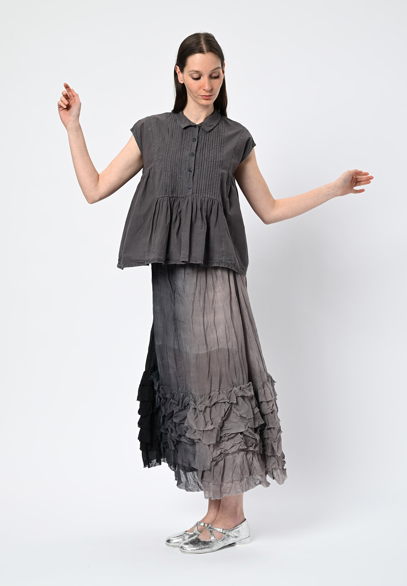 PRIVATSACHEN - JUNGLASER PINTUCK GATHER TRAPEZE TOP - MUSKAT | CHARCOAL