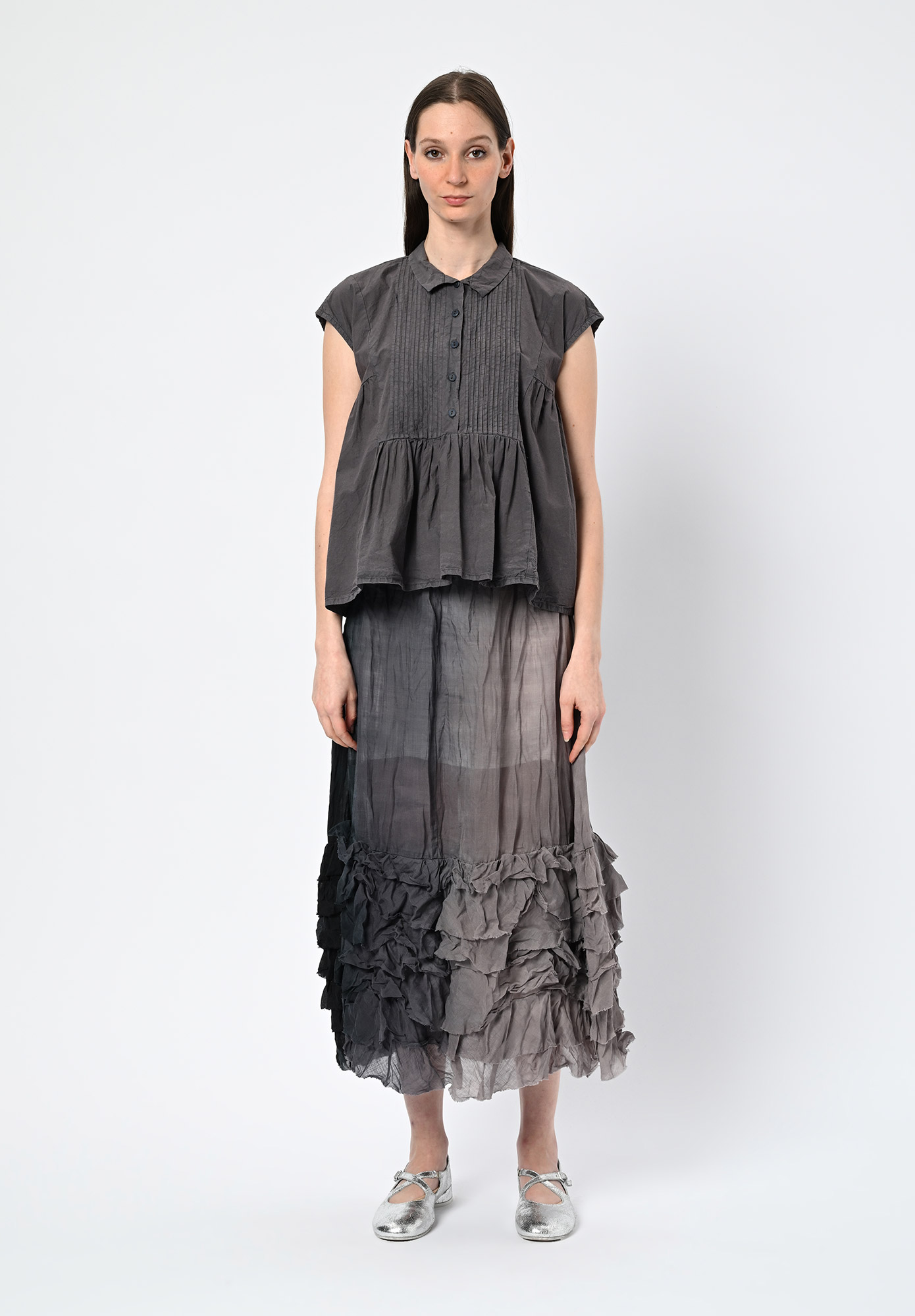 PRIVATSACHEN - JUNGLASER PINTUCK GATHER TRAPEZE TOP - MUSKAT | CHARCOAL PRIVATSACHEN - JUNGLASER PINTUCK GATHER TRAPEZE TOP - MUSKAT | CHARCOAL