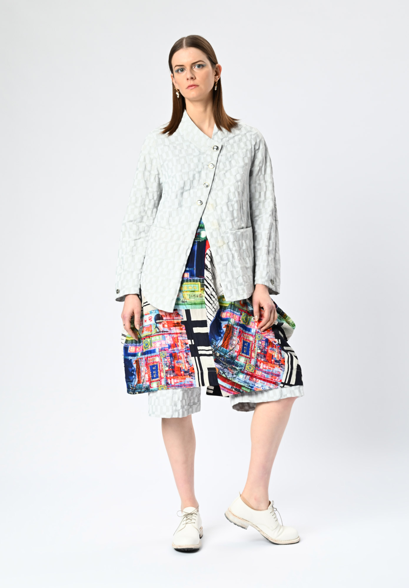 MM SÖHN - DISTRICT PEPLUM JACKET - SILVER GEOMETRIC JACQUARD