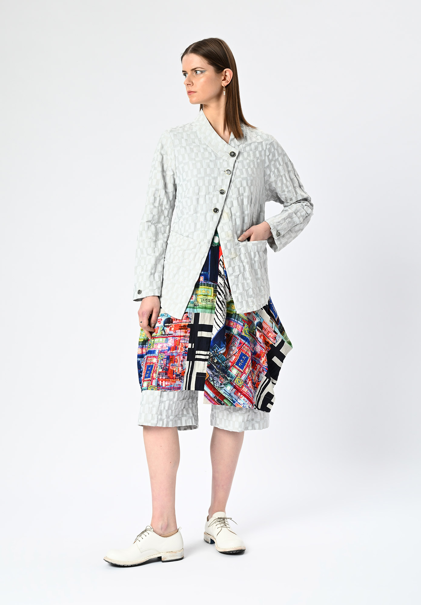 MM SÖHN - DISTRICT PEPLUM JACKET - SILVER GEOMETRIC JACQUARD