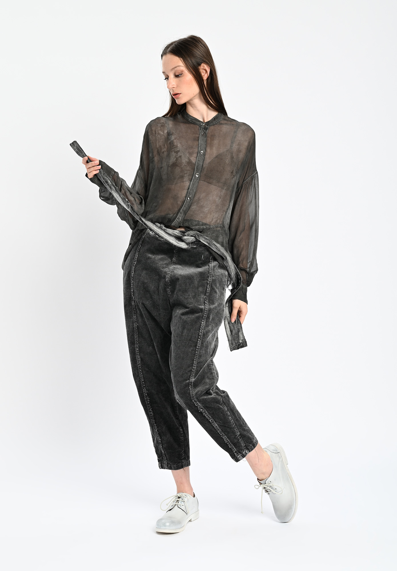 SANCTAMUERTE - SEAMED PANT COLD DYE CORDUROY SEMI BAGGY - ASH GREY