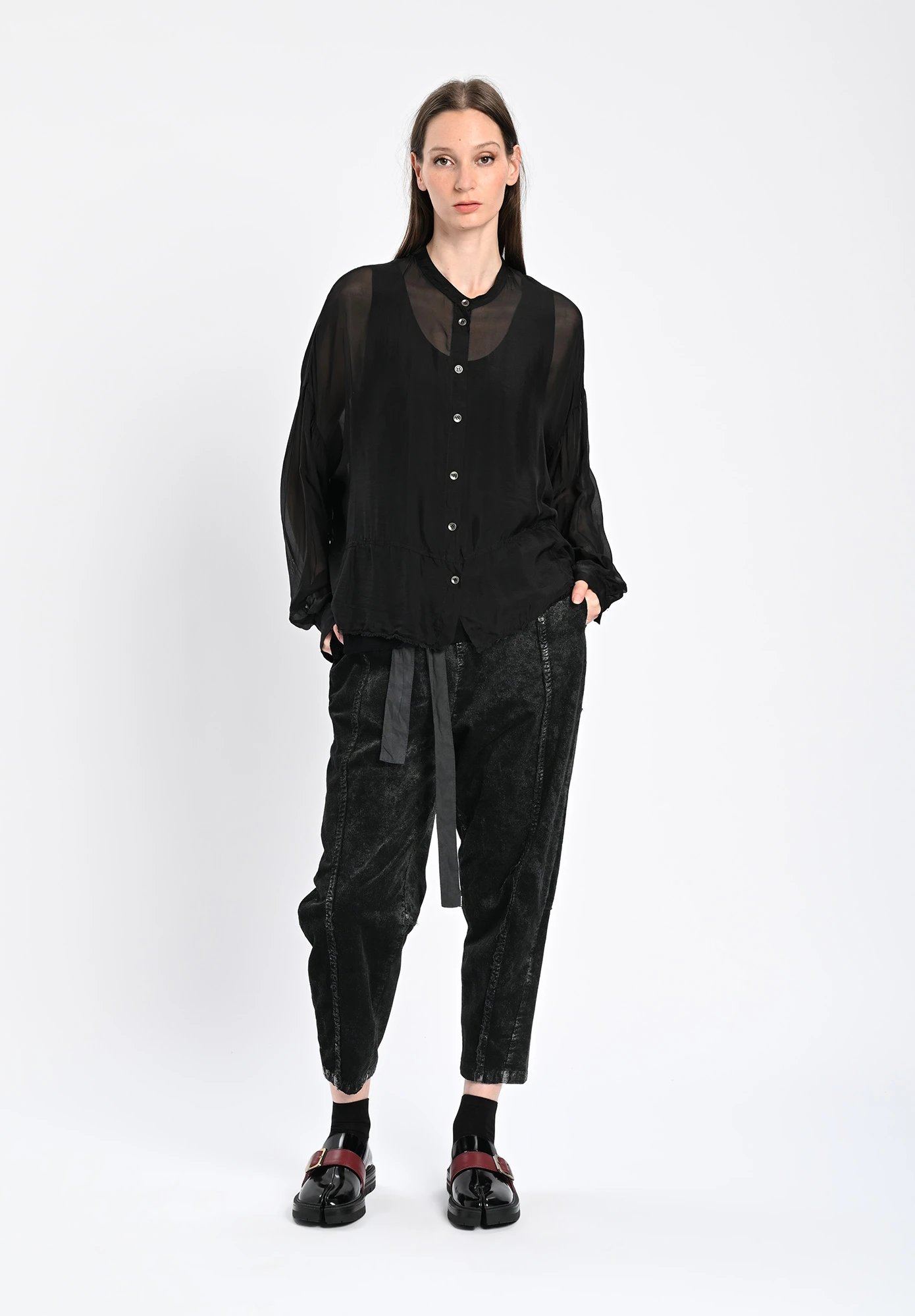 SANCTAMUERTE - SEAMED PANT COLD DYE CORUROY SEMI BAGGY - LAMINATED BLACK