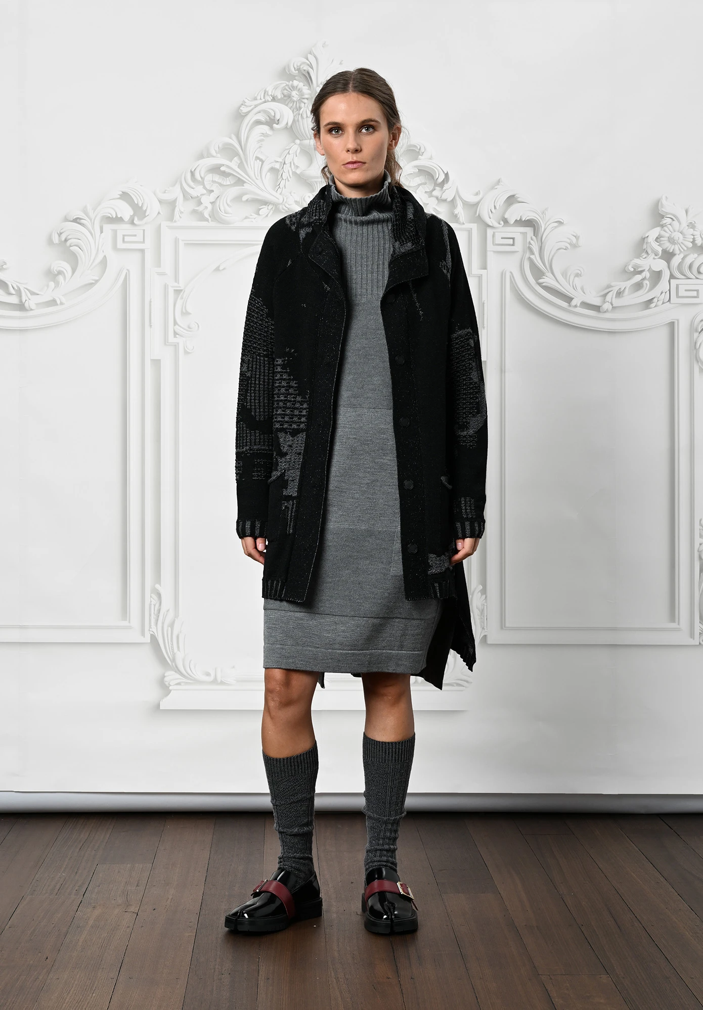 MM SÖHN  - CONTINUUM COAT FUNNEL NECK LONG - BLACK | ZINC MIX