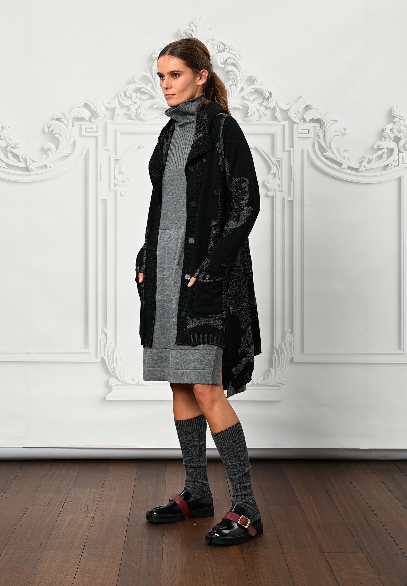 MM SÖHN  - CONTINUUM COAT FUNNEL NECK LONG - BLACK | ZINC MIX